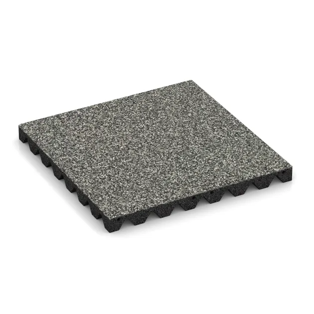 Bezpečnostná gumová dlaždica na detské ihrisko 4,5 cm - EN 1177 ≤ 135 cm von WARCO im Farbdesign Šedý granit mit den Abmessungen 500 x 500 x 45 mm. Produktfoto von Artikel 5543 in der Aufsicht von schräg vorne.