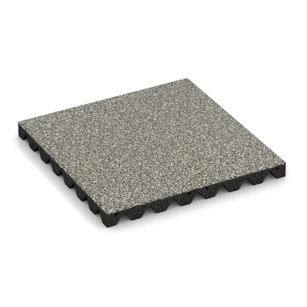 Bezpečnostná gumová dlaždica na detské ihrisko 4,5 cm - EN 1177 ≤ 135 cm von WARCO im Farbdesign Svetlý granit mit den Abmessungen 500 x 500 x 45 mm. Produktfoto von Artikel 5544 in der Aufsicht von schräg vorne.