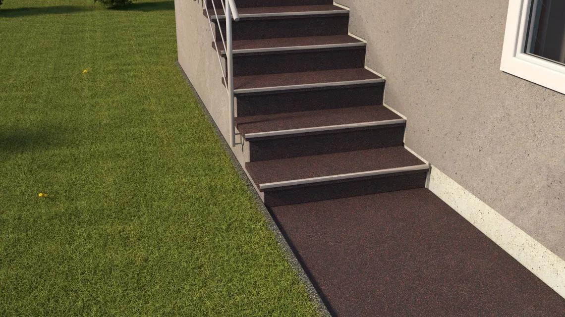 Beispielhafte Verlegung für den Artikel 0972 von WARCO - Stair covering, Farbton Ľahko červené posypané in der Abmessung 485 x 485 x 16 mm.