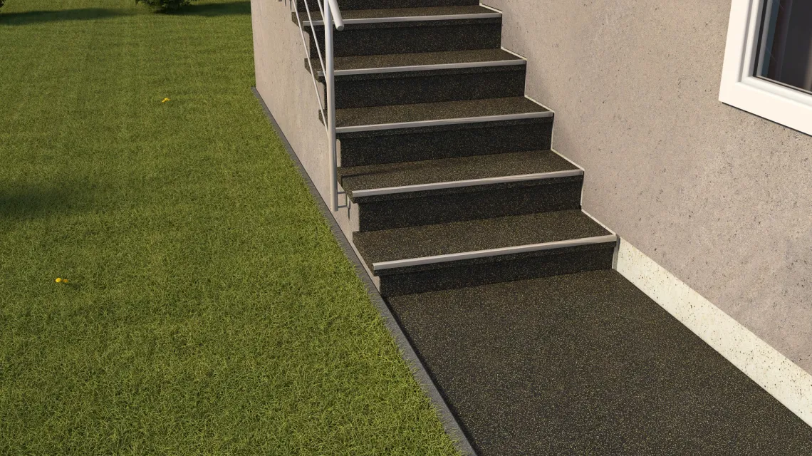 Beispielhafte Verlegung für den Artikel 1047 von WARCO - Stair covering, Farbton Ľahko žlto posypaná in der Abmessung 970 x 970 x 8 mm.
