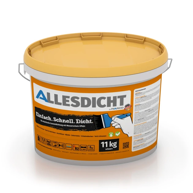 ALLESDICHT – Hydroizolácia von WARCO im Farbdesign Čierna mit den Abmessungen 11 kg | 3,3 m². Produktfoto von Artikel 0028 in der Aufsicht von schräg vorne.