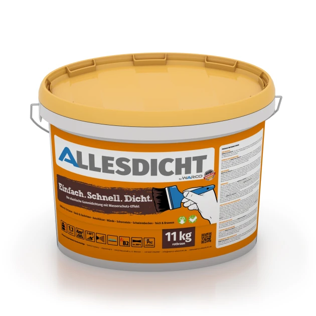 ALLESDICHT – Hydroizolácia von WARCO im Farbdesign Červenohnedá mit den Abmessungen 11 kg | 3,3 m². Produktfoto von Artikel 0029 in der Aufsicht von schräg vorne.
