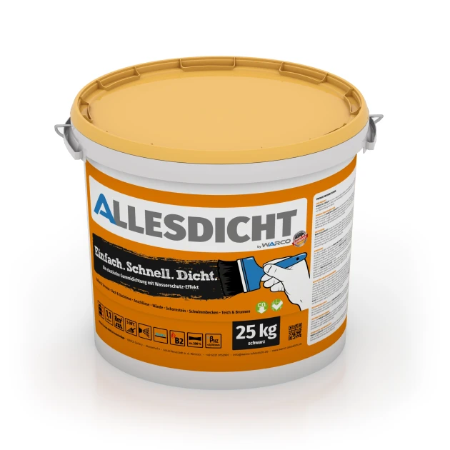ALLESDICHT – Hydroizolácia von WARCO im Farbdesign Čierna mit den Abmessungen 25 kg | 7,6 m². Produktfoto von Artikel 0024 in der Aufsicht von schräg vorne.