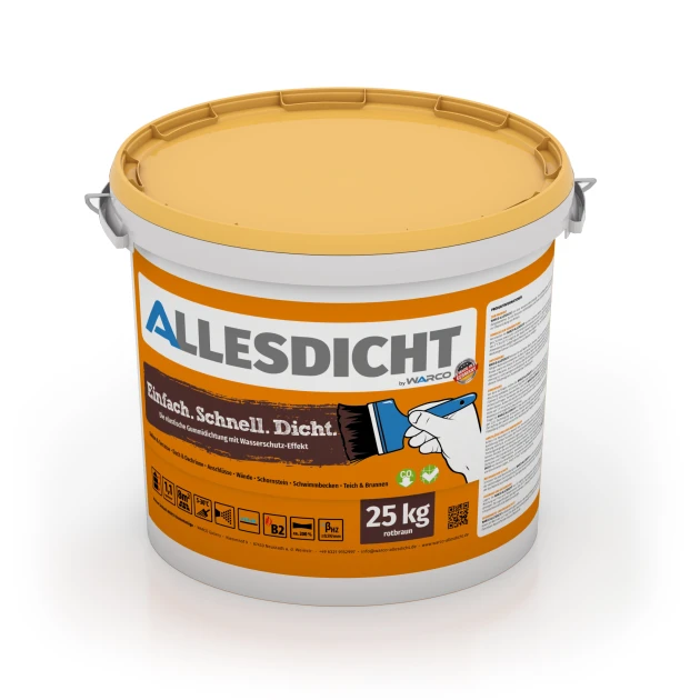 ALLESDICHT – Hydroizolácia von WARCO im Farbdesign Červenohnedá mit den Abmessungen 25 kg | 7,6 m². Produktfoto von Artikel 0025 in der Aufsicht von schräg vorne.