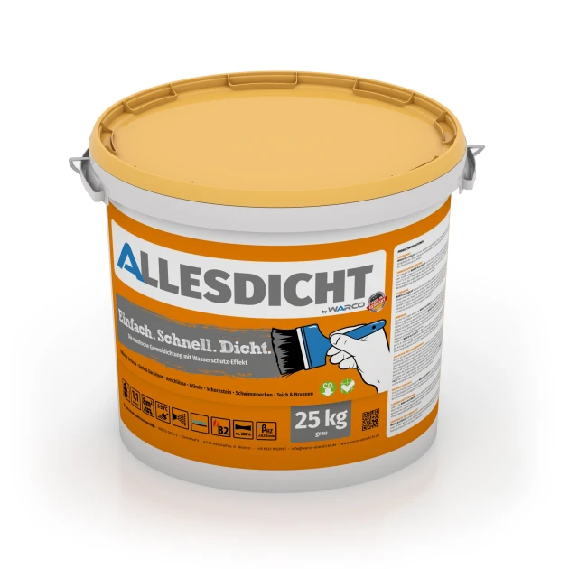 ALLESDICHT – Hydroizolácia von WARCO im Farbdesign Sivá mit den Abmessungen 25 kg | 7,6 m². Produktfoto von Artikel 0026 in der Aufsicht von schräg vorne.