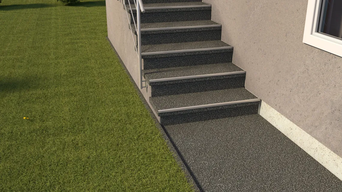 Beispielhafte Verlegung für den Artikel 5422 von WARCO - Stair covering, Farbton Tmavý šedý granit in der Abmessung 306 x 306 x 20 mm.