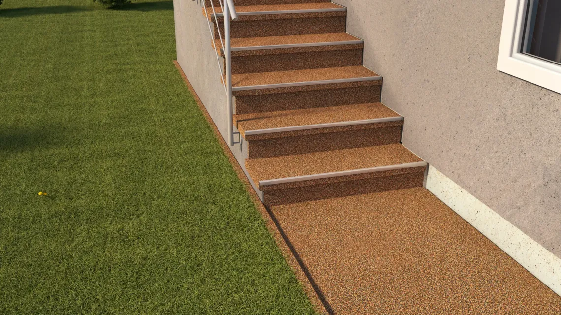 Beispielhafte Verlegung für den Artikel 5425 von WARCO - Schodová dlaždica, Farbton Terra Cotta in der Abmessung 306 x 306 x 20 mm.