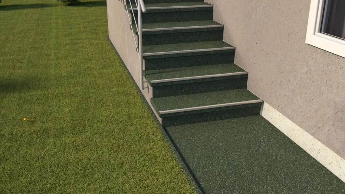 Beispielhafte Verlegung für den Artikel 5427 von WARCO - Stair covering, Farbton Anglická tráva in der Abmessung 306 x 306 x 20 mm.