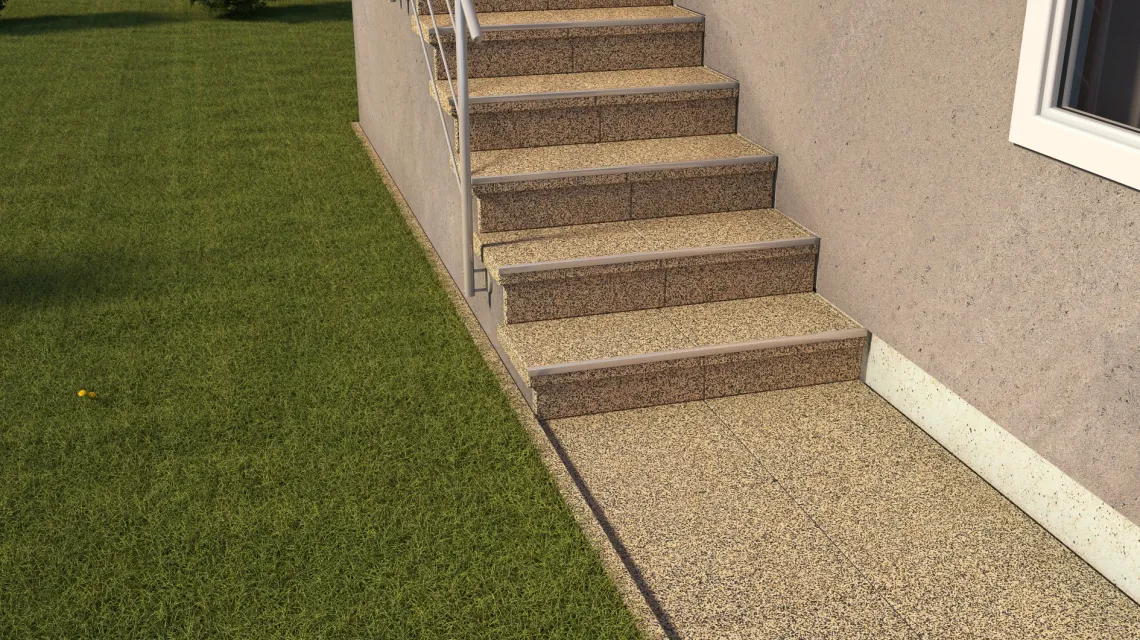Beispielhafte Verlegung für den Artikel 5456 von WARCO - Stair covering, Farbton Travertín in der Abmessung 500 x 500 x 30 mm.