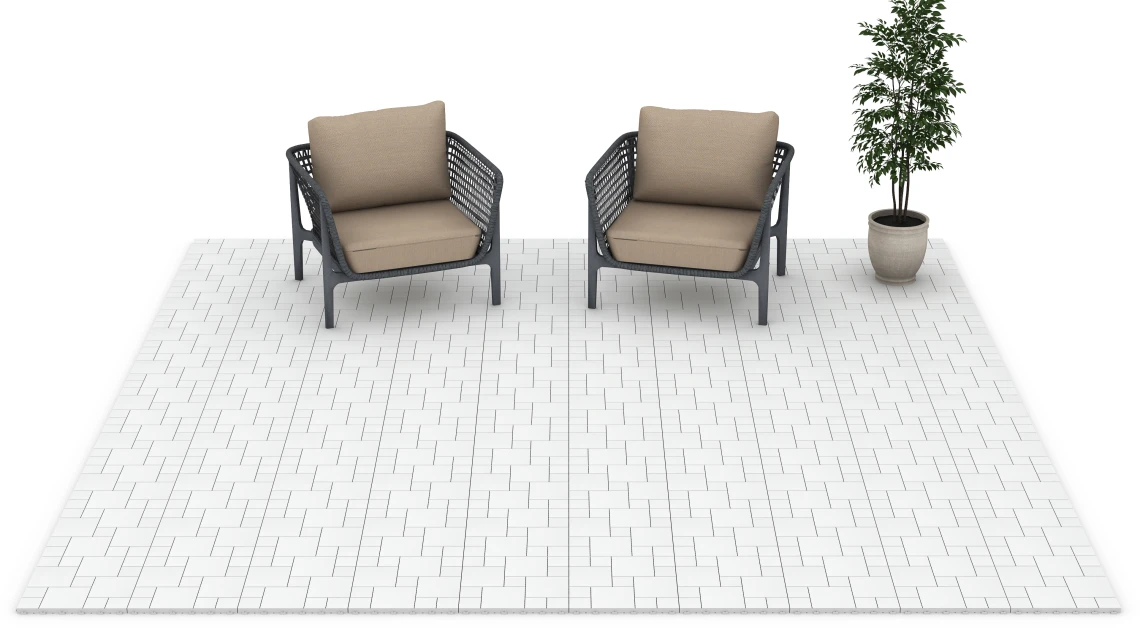 Beispielhafte Verlegung für den Artikel 6333 von WARCO - Blokový vzor – Terasové dlaždice, Farbton Krieda in der Abmessung 38,5 x 38,5 x 2 cm.