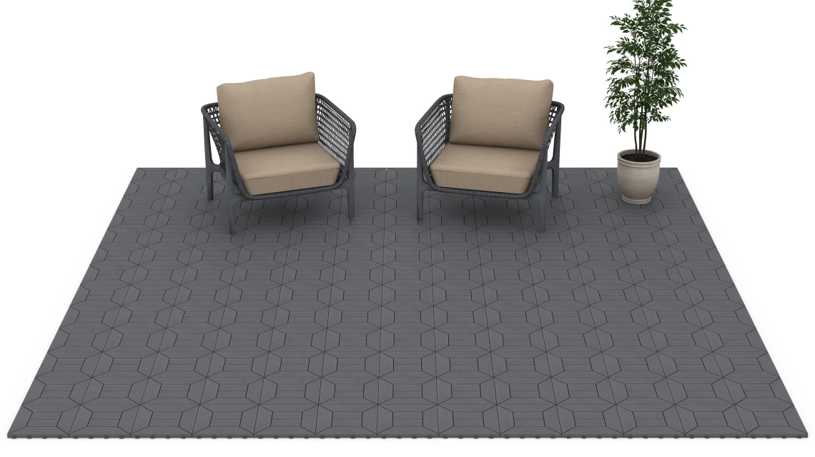 Beispielhafte Verlegung für den Artikel 6348 von WARCO - Kazetový vzor – Terasové dlaždice, Farbton Striebristošedá in der Abmessung 30 x 30 x 2 cm.