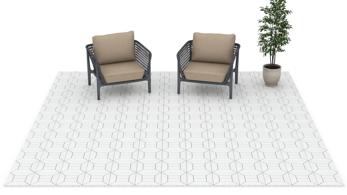 Beispielhafte Verlegung für den Artikel 6352 von WARCO - Kazetový vzor – Terasové dlaždice, Farbton Krieda in der Abmessung 30 x 30 x 2 cm.
