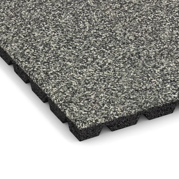 Detailaufnahme der Randausprägung von WARCO-Produkt 5328, Dopadová gumená podložka na ihrisko, Format 500 x 500 x 30 mm, Farbe Šedý granit.