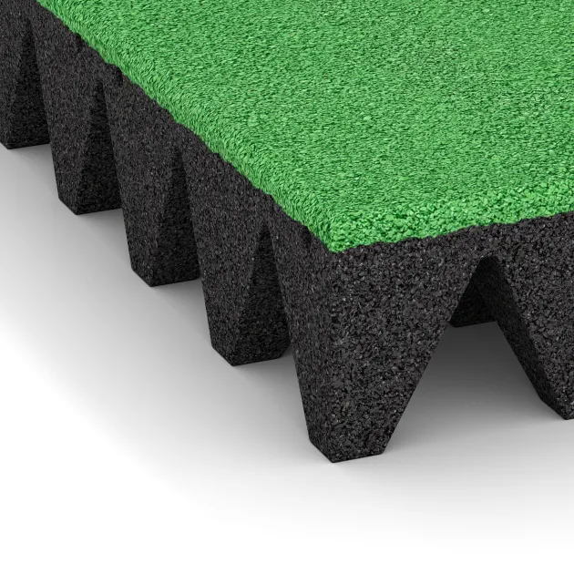 Detailaufnahme der Randausprägung von WARCO-Produkt 0739, Dopadová gumená podložka na ihrisko, Format 500 x 500 x 100 mm, Farbe Jarná zelená.