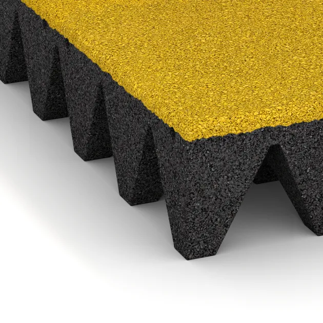 Detailaufnahme der Randausprägung von WARCO-Produkt 0740, Dopadová gumená podložka na ihrisko, Format 500 x 500 x 100 mm, Farbe Citrónová žltá.