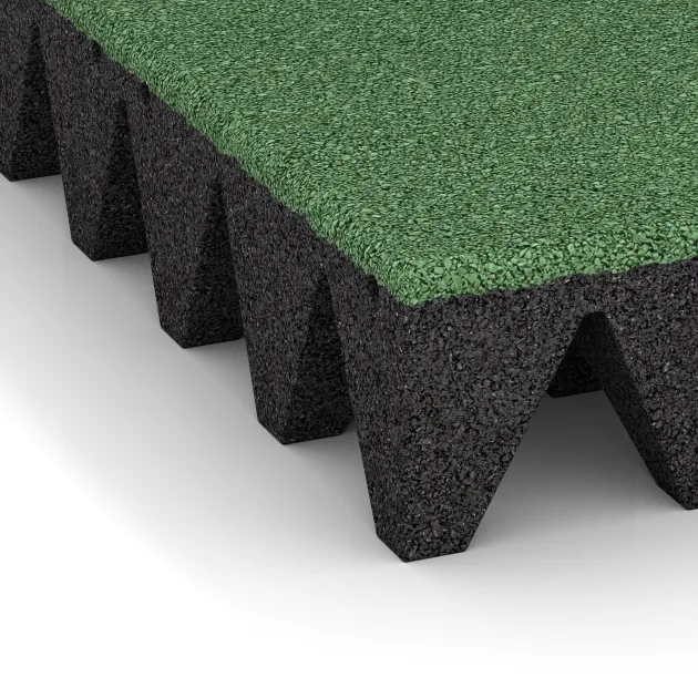 Detailaufnahme der Randausprägung von WARCO-Produkt 0741, Dopadová gumená podložka na ihrisko, Format 500 x 500 x 100 mm, Farbe Bledozelená.