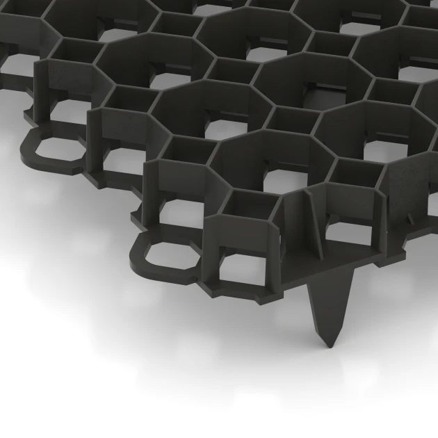 Detailaufnahme der Randausprägung von WARCO-Produkt 5207, Stabilizačná plastová mriežka, Format 47,6 × 47,6 × 4 cm | 0,226 m², Farbe Matná čierna.