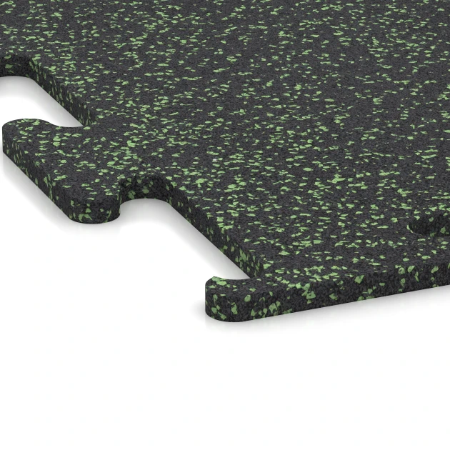 Detailaufnahme der Randausprägung von WARCO-Produkt 3771, Fitness Performance Elite tréningová podlaha, Format 50 x 50 x 1,5 cm | 0,25 m², Farbe Ľahko zeleno posypaná.