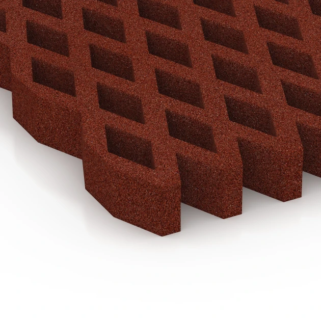 Detailaufnahme der Randausprägung von WARCO-Produkt 7013, Bezpečnostná trávniková mreža, Format 100 × 100 × 8 cm, Farbe Cihlová červená.