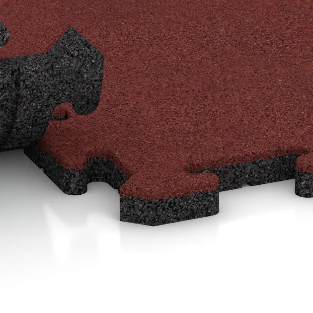 Großaufnahme vom Verbindungssystem von WARCO-Boden 5812 - Exteriérová eventová dlaždica im Farbdesign Korálová červená. Abmessungen 500 x 500 x 30 mm.
