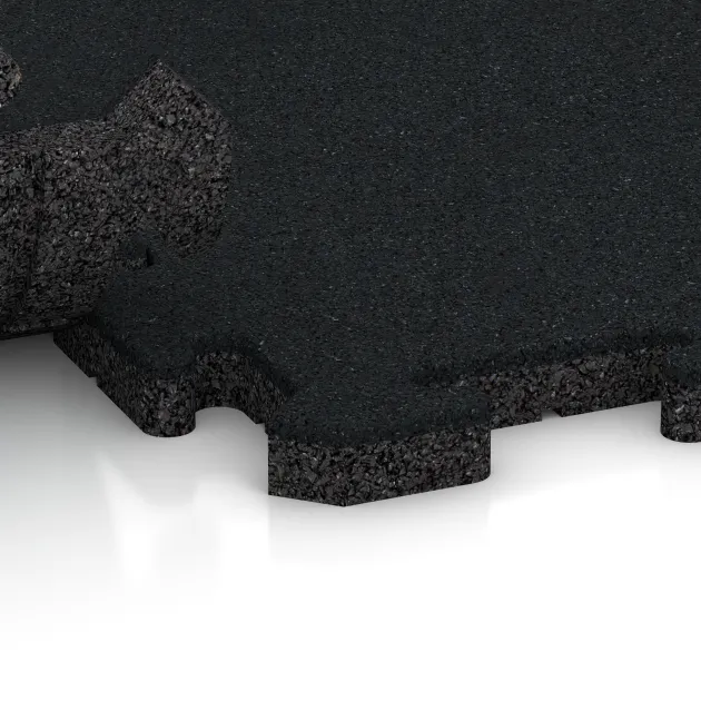Großaufnahme vom Verbindungssystem von WARCO-Boden 6010 - Fitness Ochranná Podložka im Farbdesign Železno šedá. Abmessungen 1000 x 1000 x 30 mm.
