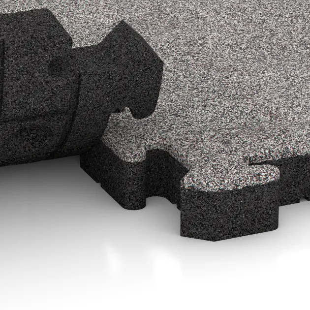 Großaufnahme vom Verbindungssystem von WARCO-Boden 4565 - Fitness Ochranná Podložka HD im Farbdesign Šedý melange. Abmessungen 500 x 500 x 50 mm.
