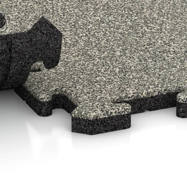 Großaufnahme vom Verbindungssystem von WARCO-Boden 4900 - Rohová doska HD im Farbdesign Svetlý granit. Abmessungen 235 x 235 x 30 mm.