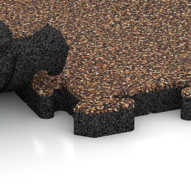 Großaufnahme vom Verbindungssystem von WARCO-Boden 4987 - Rohová doska HD im Farbdesign Kôra a Basto. Abmessungen 235 x 235 x 40 mm.