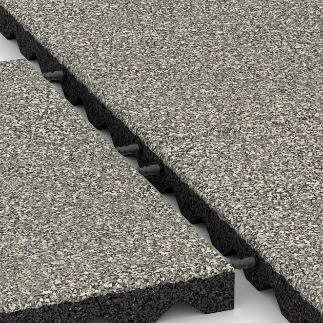 Großaufnahme vom Verbindungssystem von WARCO-Boden 5341 - Dopadová gumená podložka na ihrisko im Farbdesign Svetlý granit. Abmessungen 500 x 500 x 40 mm.
