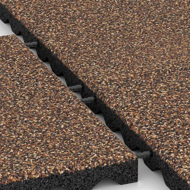 Großaufnahme vom Verbindungssystem von WARCO-Boden 5346 - Dopadová gumená podložka na ihrisko im Farbdesign Kôra a Basto. Abmessungen 500 x 500 x 40 mm.