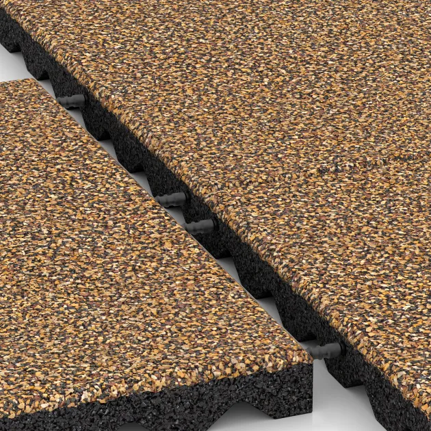 Großaufnahme vom Verbindungssystem von WARCO-Boden 5338 - Dopadová gumená podložka na ihrisko im Farbdesign Maroko. Abmessungen 500 x 500 x 40 mm.