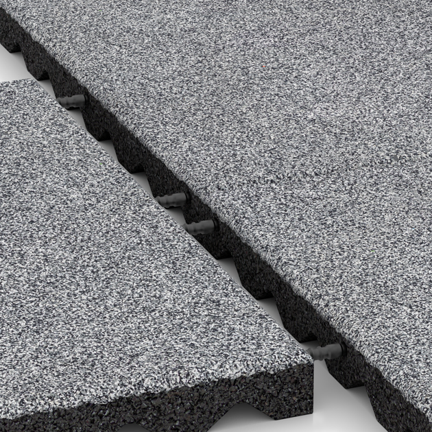 Großaufnahme vom Verbindungssystem von WARCO-Boden 5348 - Dopadová gumená podložka na ihrisko im Farbdesign Šedý melange. Abmessungen 500 x 500 x 40 mm.