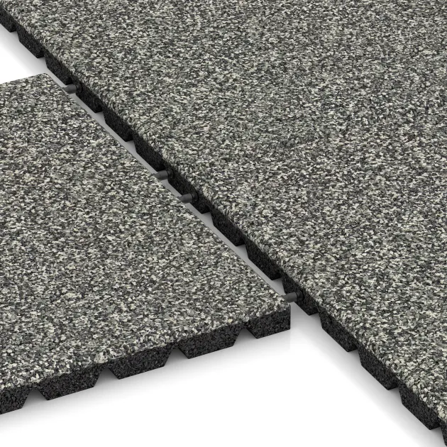 Großaufnahme vom Verbindungssystem von WARCO-Boden 5328 - Dopadová gumená podložka na ihrisko im Farbdesign Šedý granit. Abmessungen 500 x 500 x 30 mm.