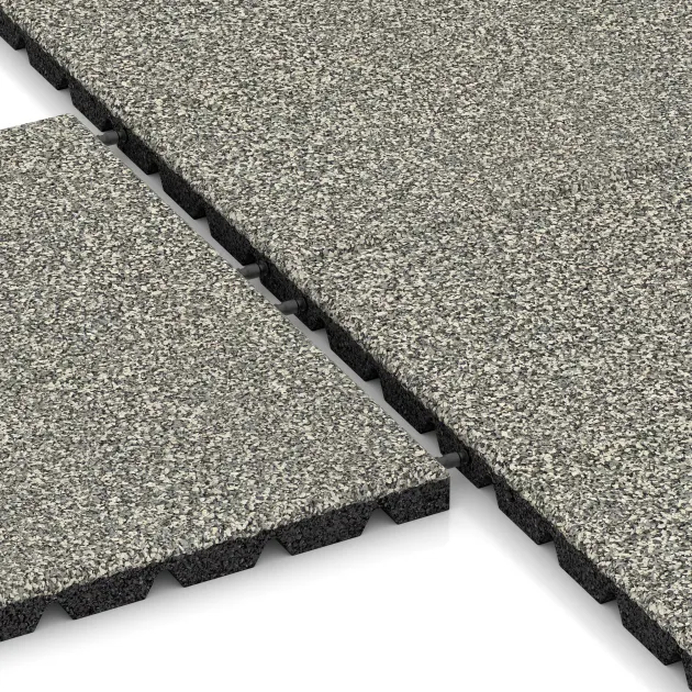 Großaufnahme vom Verbindungssystem von WARCO-Boden 5327 - Dopadová gumená podložka na ihrisko im Farbdesign Svetlý granit. Abmessungen 500 x 500 x 30 mm.