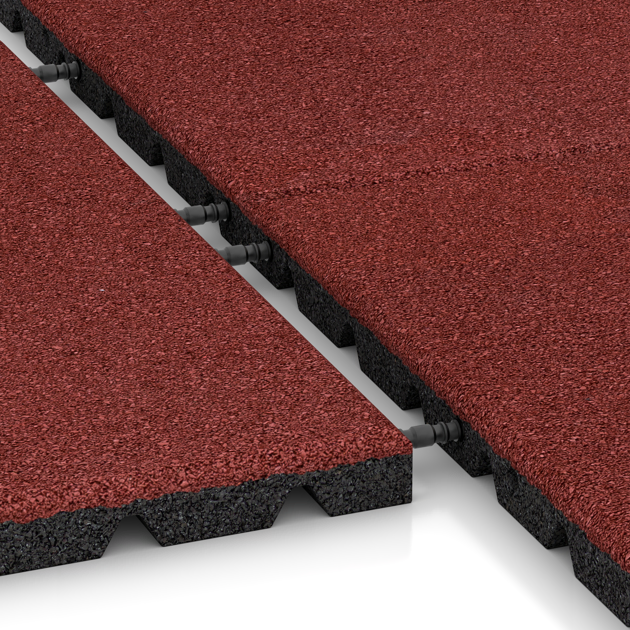 Großaufnahme vom Verbindungssystem von WARCO-Boden 0552 - Terasová dlaždica 3 cm im Farbdesign Korálová červená. Abmessungen 500 x 500 x 30 mm.