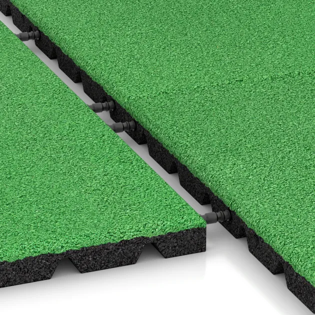 Großaufnahme vom Verbindungssystem von WARCO-Boden 0557 - Terasová dlaždica 3 cm im Farbdesign Jarná zelená. Abmessungen 500 x 500 x 30 mm.