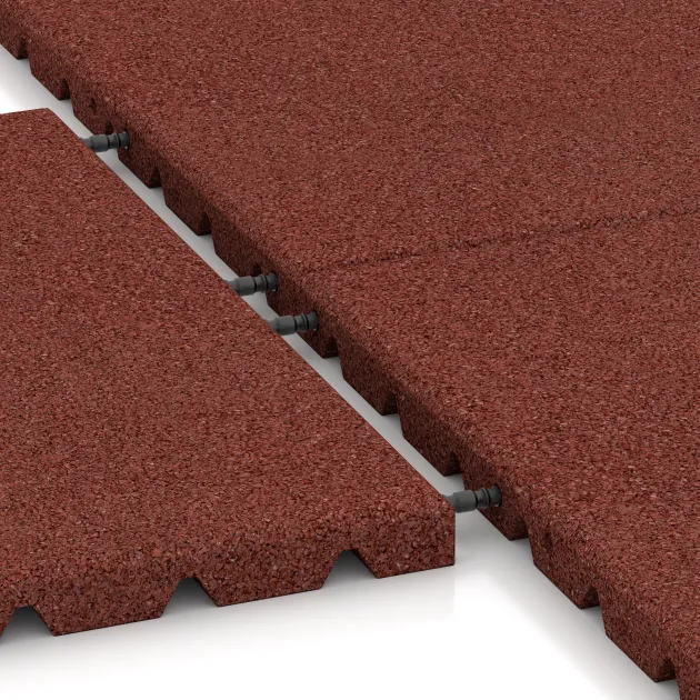 Großaufnahme vom Verbindungssystem von WARCO-Boden 0569 - Ochranná stenová doska im Farbdesign Cihlovo červená. Abmessungen 500 x 500 x 30 mm.