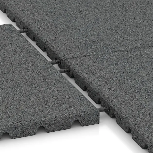 Großaufnahme vom Verbindungssystem von WARCO-Boden 0571 - Ochranná stenová doska im Farbdesign Šedý bridlica. Abmessungen 500 x 500 x 30 mm.