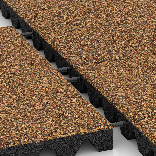 Großaufnahme vom Verbindungssystem von WARCO-Boden 0644 - Dopadová gumená podložka na ihrisko im Farbdesign Terra Cotta. Abmessungen 500 x 500 x 45 mm.