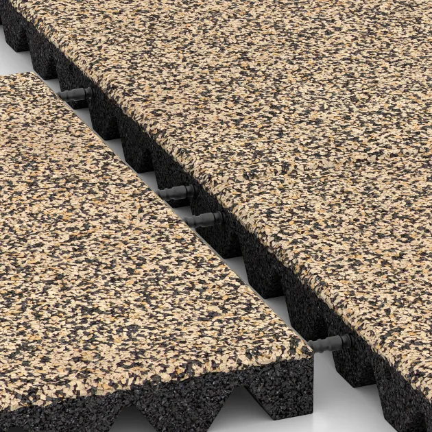 Großaufnahme vom Verbindungssystem von WARCO-Boden 0648 - Dopadová gumená podložka na ihrisko im Farbdesign Travertín. Abmessungen 500 x 500 x 45 mm.