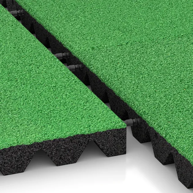 Großaufnahme vom Verbindungssystem von WARCO-Boden 0635 - Dopadová gumená podložka na ihrisko im Farbdesign Jarná zelená. Abmessungen 500 x 500 x 45 mm.