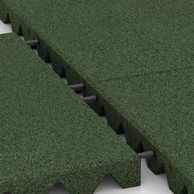 Großaufnahme vom Verbindungssystem von WARCO-Boden 0656 - Ochranná stenová doska im Farbdesign Trávová zelená. Abmessungen 500 x 500 x 45 mm.