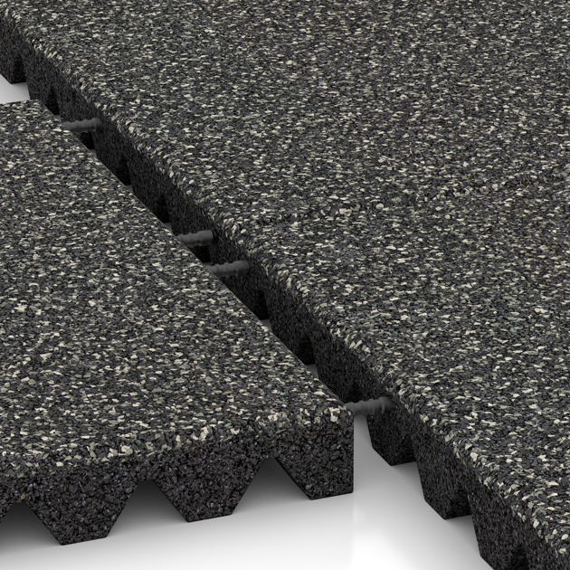 Großaufnahme vom Verbindungssystem von WARCO-Boden 5359 - Dopadová gumená podložka na ihrisko im Farbdesign Tmavý šedý granit. Abmessungen 500 x 500 x 50 mm.