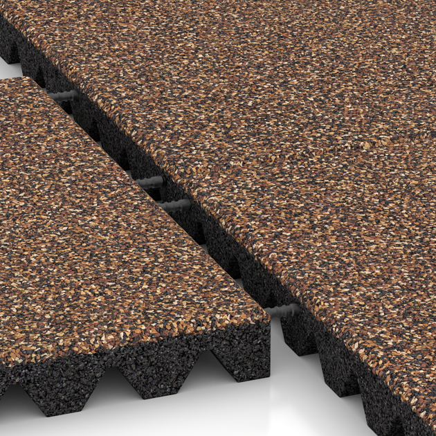 Großaufnahme vom Verbindungssystem von WARCO-Boden 5360 - Dopadová gumená podložka na ihrisko im Farbdesign Kôra a Basto. Abmessungen 500 x 500 x 50 mm.