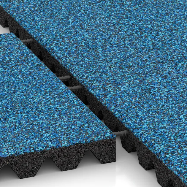Großaufnahme vom Verbindungssystem von WARCO-Boden 5361 - Dopadová gumená podložka na ihrisko im Farbdesign Atlantic. Abmessungen 500 x 500 x 50 mm.