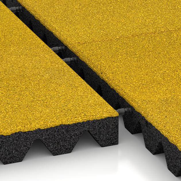 Großaufnahme vom Verbindungssystem von WARCO-Boden 0686 - Dopadová gumená podložka na ihrisko im Farbdesign Citrónová žltá. Abmessungen 500 x 500 x 50 mm.