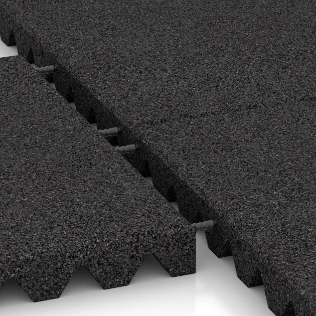 Großaufnahme vom Verbindungssystem von WARCO-Boden 0690 - Dopadová gumená podložka na ihrisko im Farbdesign Antracit. Abmessungen 500 x 500 x 50 mm.