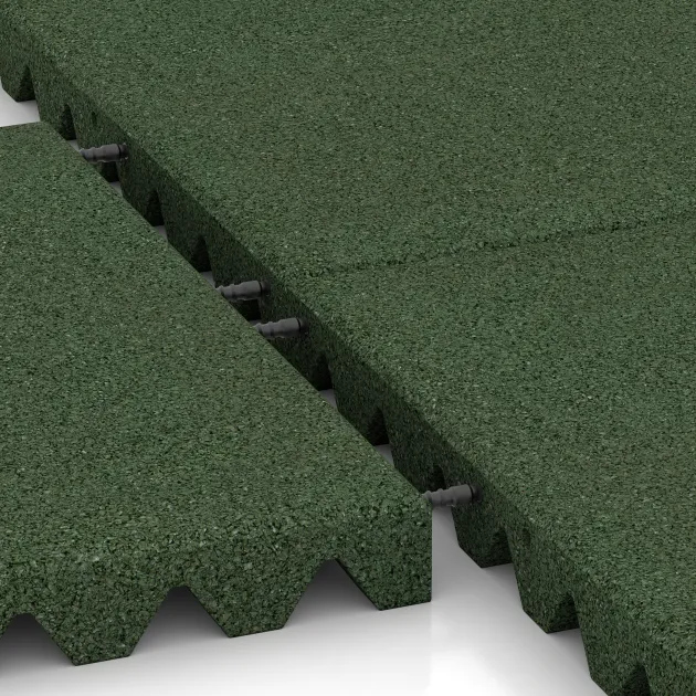 Großaufnahme vom Verbindungssystem von WARCO-Boden 0692 - Dopadová gumená podložka na ihrisko im Farbdesign Trávová zelená. Abmessungen 500 x 500 x 50 mm.