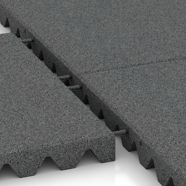 Großaufnahme vom Verbindungssystem von WARCO-Boden 0693 - Dopadová gumená podložka na ihrisko im Farbdesign Šedý bridlica. Abmessungen 500 x 500 x 50 mm.
