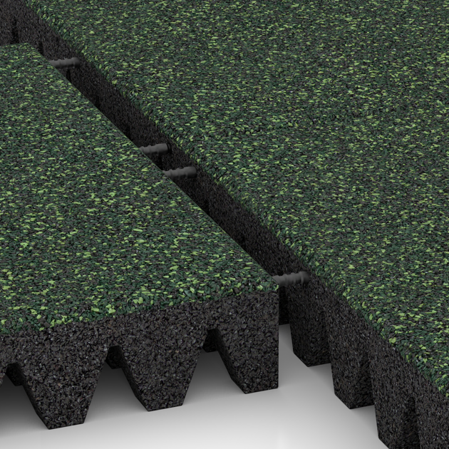 Großaufnahme vom Verbindungssystem von WARCO-Boden 5365 - Dopadová gumená podložka na ihrisko im Farbdesign Anglická tráva. Abmessungen 500 x 500 x 80 mm.